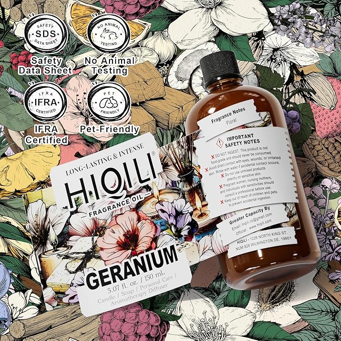 HIQILI Geranium Fragrance Oil for Home Diffuser, Relaxation, Essential Oil for Candle & Soap Making, Long-Lasting Scents, Car Freshies - 5.07 Fl Oz