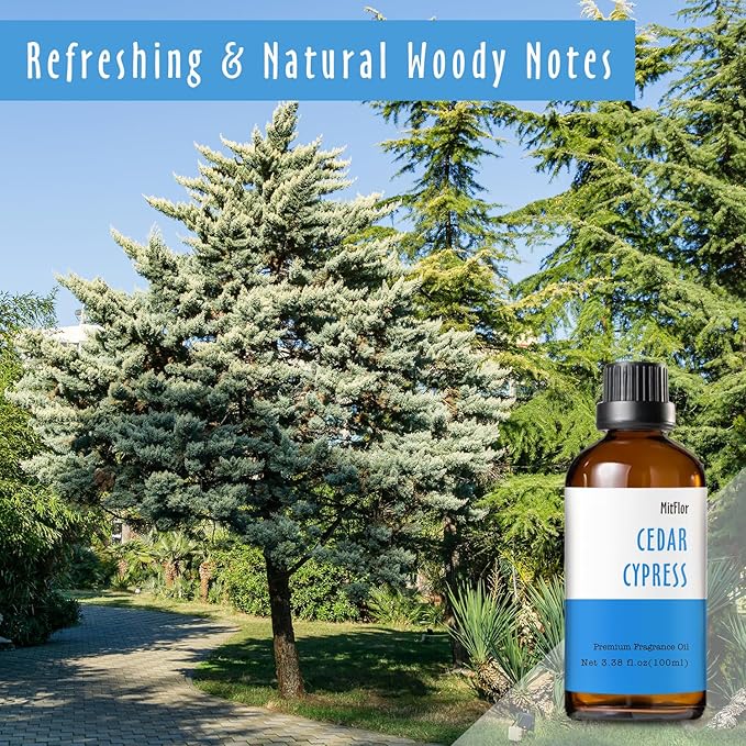Cedar Cypress Fragrance Oil (3.38 OZ/100ML), MitFlor Single Essential Diffuser Oil, Premium Grade Fragrance Oil for Soap & Candle Making, Large Size Aromatherapy Oil, Woody Scent for Home Fragrance