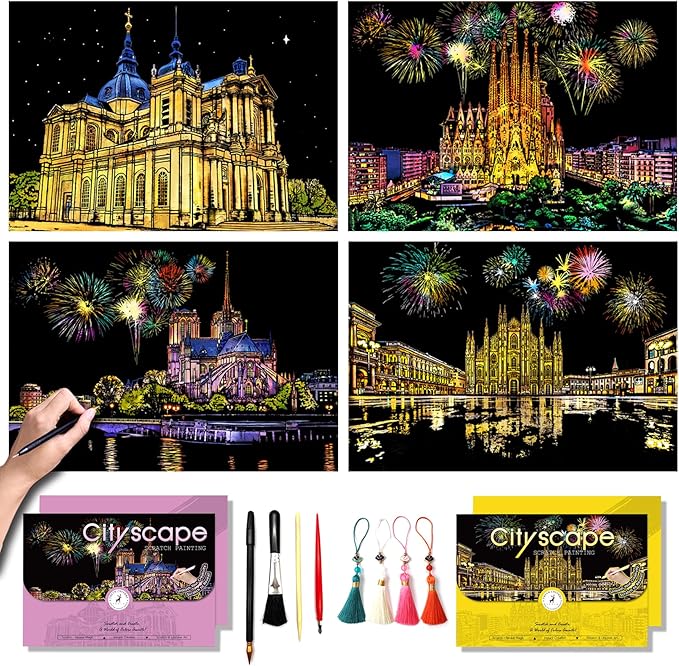 Scratch Art for Adults-Scratch Painting Craft Kit (4 Sheets 16x11 in)|Foil Engraving Art Set|Stress Relief Gift for Travel Lovers,Craft Lovers|Creative Scratch Art Home Decor(City Scape 4)