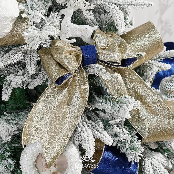 Blue Velvet Wired Ribbon with Glitter Back 4 Inch Navy Blue and Gold Christmas Ribbon Wired Ribbon for Christmas Tree, Gift Wrapping, Mantel, Wreaths Supplies, Topper Bows (10 Yards)