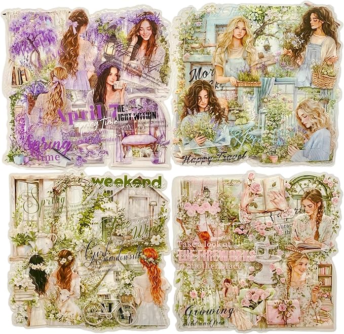 TIAMECH Girl Outside Windowsill PET Stickers - 80 Pcs White Spring Pink Rose & Beauty Violet Girl Design, Waterproof Sticker for Journaling & Scrapbooking, Junk Journal Supplies, Ephemera & DIY Crafts