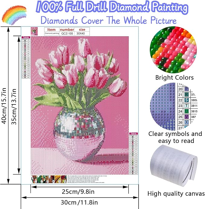 Pink Tulips Diamond Art Kits for Adults, Diamond Painting Kits for Adults for Beginners, DIY Pink Flowers Diamond Dots Art Kits, 5D Full Round Drill Gem Art Painting Kits for Home Decor, 12x16 inch