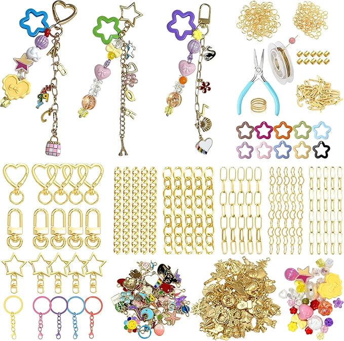 ValorTiger DIYJewelry Making, 364 PCS Bag Charm Set with 156 Charms, 150 Jump Rings, 25 Extender Chains, 20 Keychains, 10 Crimp Tubes, 3-Inch Beading Wire, Support Ring & Jewelry Pliers(for Parents)
