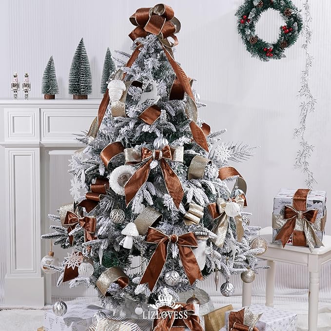 Brown Velvet Wired Ribbon with Glitter Back 2.5 Inch Camel Christmas Ribbon Wired Reversible Ribbon for Christmas Tree, Gift Wrapping, Crafts, Wreaths Supplies, Topper Bows (10 Yards)