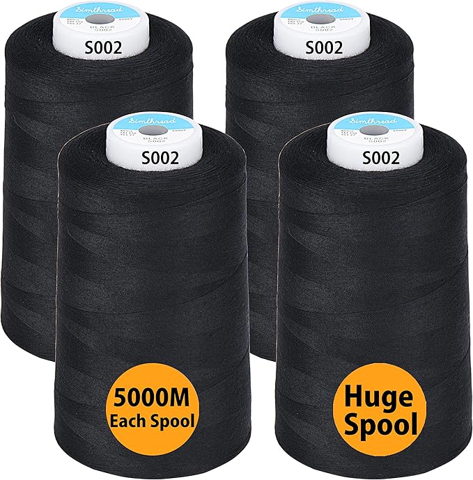 Simthread All Purpose Sewing Thread from 100% Spun Polyester for Serger, Overlock, Merrow, Quilting Sewing 4 Big Cones of 5000M (5500 Yards) Each - 40S/2 Black