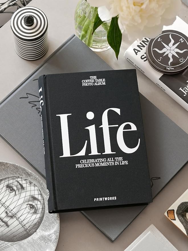 PrintWorks Photo Book – Life, Black – Minimalist Expandable Hardcover Album Book with 80 Pages – Stylish Bookshelf Picture Album