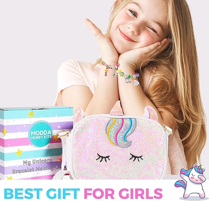 Modda Unicorn Charm Bracelet Making Kit - Unicorn Themed Jewelry Kit with Charms, Beads, Bag for Girls Ages 8-12 - Perfect for Birthday, Christmas Gifts