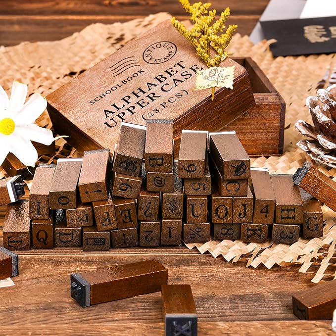 Letter Stamps, 56pcs Alphabet Stamps with Weeks and Weather, Number Stamps with Wooden Case, Vintage Symbol Wood Stamps with Ink Pads Rubber Stamps for Crafting, Card Making, Scrapbooking