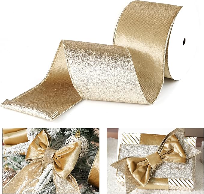 Khaki Velvet Wired Ribbon with Glitter Back 4 Inch Gold Christmas Ribbon Wired Camel Ribbon for Christmas Tree Decorations, Gift Wrapping, Crafts, Wreaths Supplies, Bows (10 Yards)