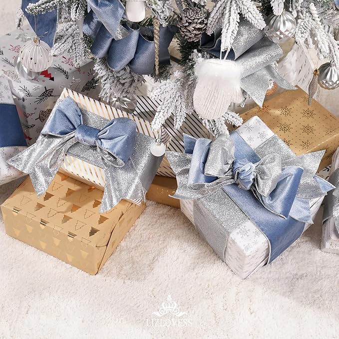 Dusty Blue Velvet Wired Ribbon with Glitter Back 4 Inch Blue and Silver Christmas Ribbon Wired Ribbon for Christmas Tree, Gift Wrapping, Mantel, Wreaths Supplies, Topper Bows (10 Yards)