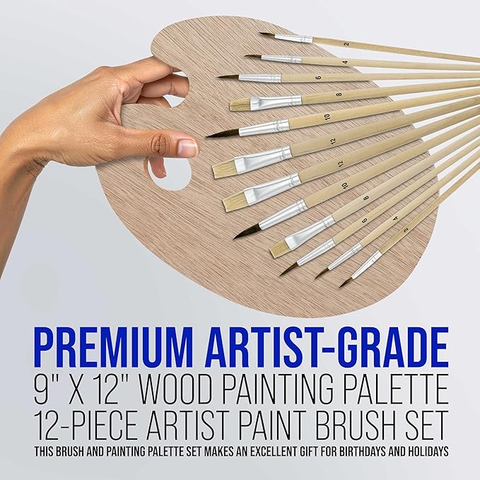 U.S. Art Supply 12-Piece Artist Paint Brush Set with 9" x 12" Wood Painting Palette - 12 Premium Round & Flat Bristle Paintbrushes - Fun Kids, Adults, Students, School Teachers, Beginners, Starter Kit