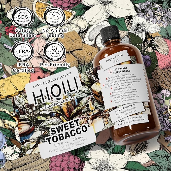 HIQILI Sweet Tobacco Fragrance Oil for Home Essential Oil Diffuser, Candle, Soap, Perfume & Body Scrubs Making, Rich Scent - 5.07 Fl Oz