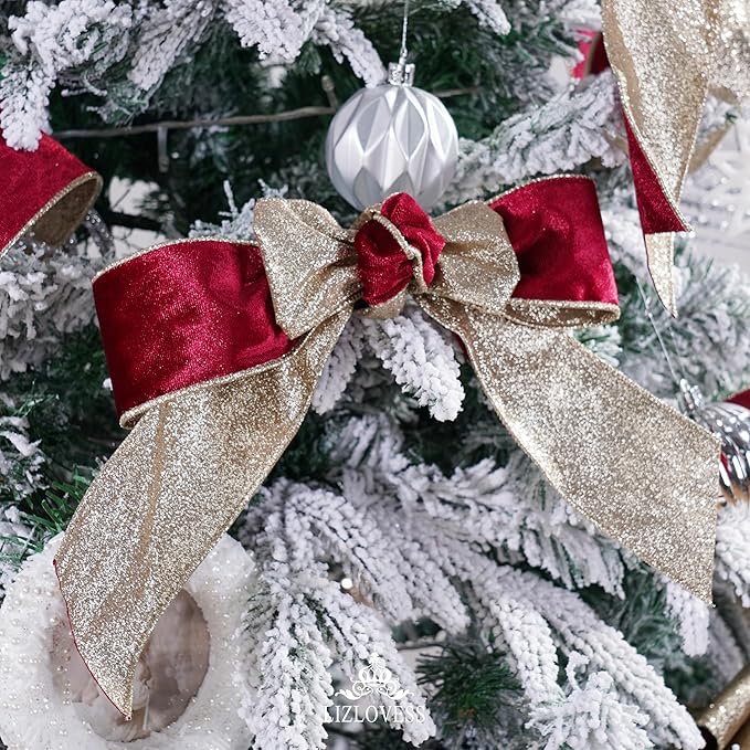 Burgundy Velvet Wired Ribbon with Glitter Back 2.5 Inch Burgundy and Gold Christmas Ribbon Wired Ribbon for Christmas Tree, Gift Wrapping, Mantel, Wreaths Supplies, Topper Bows (10 Yards)