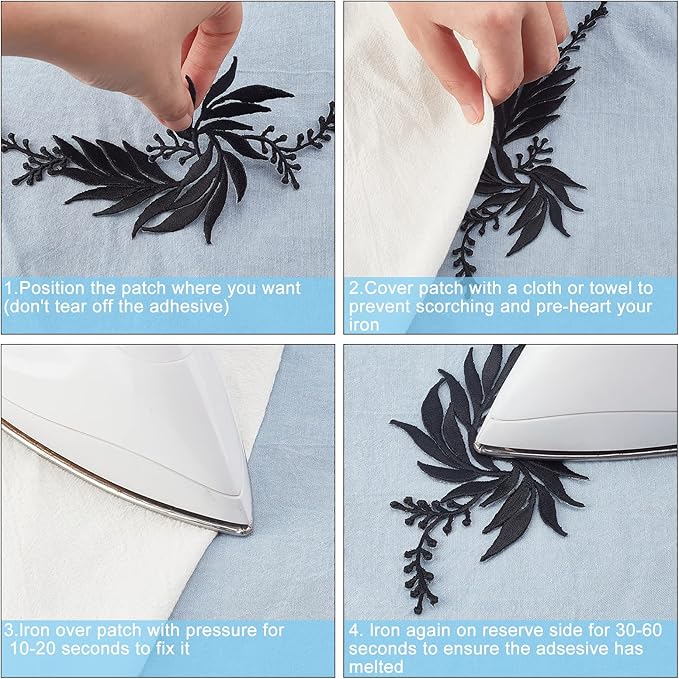 GORGECRAFT 2 Pairs 4PCS Leaf Iron Patches Big Embroidered Flowers Lace Applique Flowers Nature Patches Suitable for Clothes Dress Hat Pants Sewing Craft Decoration(Black)