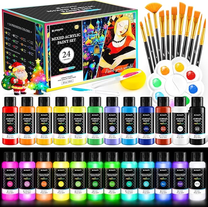 40 PCS Classic & Glow in the Dark Acrylic Paint Set with 12 Brushes, 2 Knives & Palette, 24 Colors Art Craft Paint for Beginners, Halloween Pumpkin Canvas Ceramic Rock Painting Kit