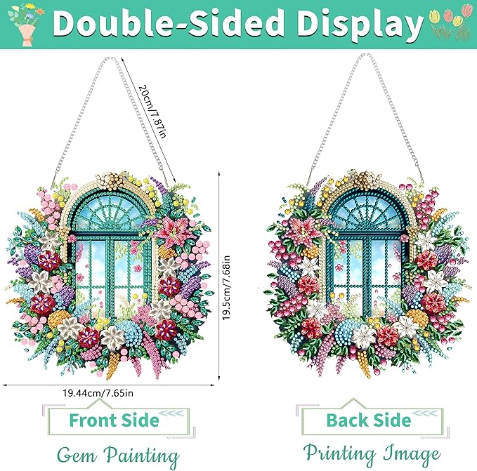 Flower-Window Diamond Painting Kits for Adults, DIY Pendant Diamond Art Kits for Beginners, 5D Special Shape Full Drill Hanging Diamond Gem Art Painting Kits for Window Suncatchers for Home Wall Decor