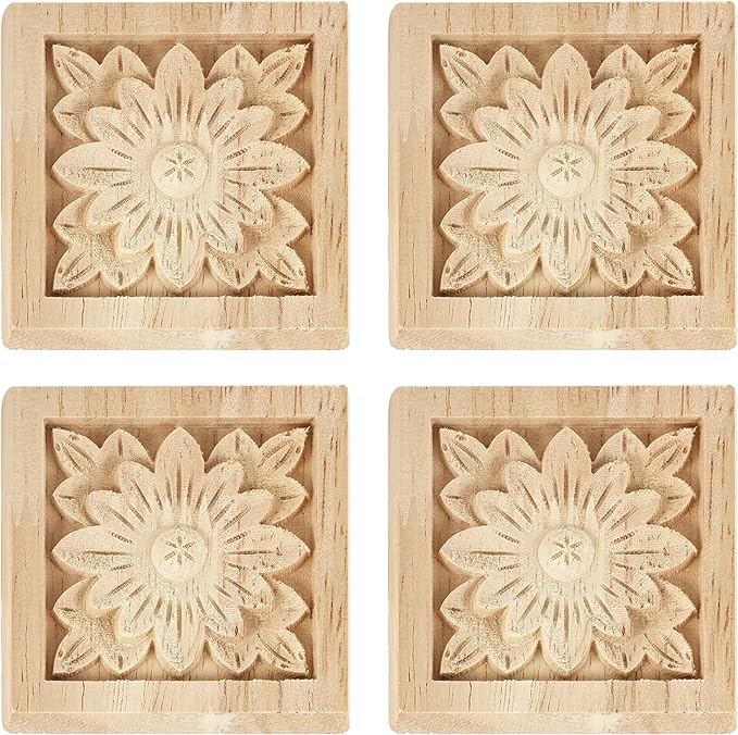 4Pcs Unpainted Solid Wood Floral Appliques, 2.4x2.4 Inch Cabinet Onlays, Handmade Carved Wood Decor for Furniture, Doors, DIY Home Decor Projects (Square, Unfinished)