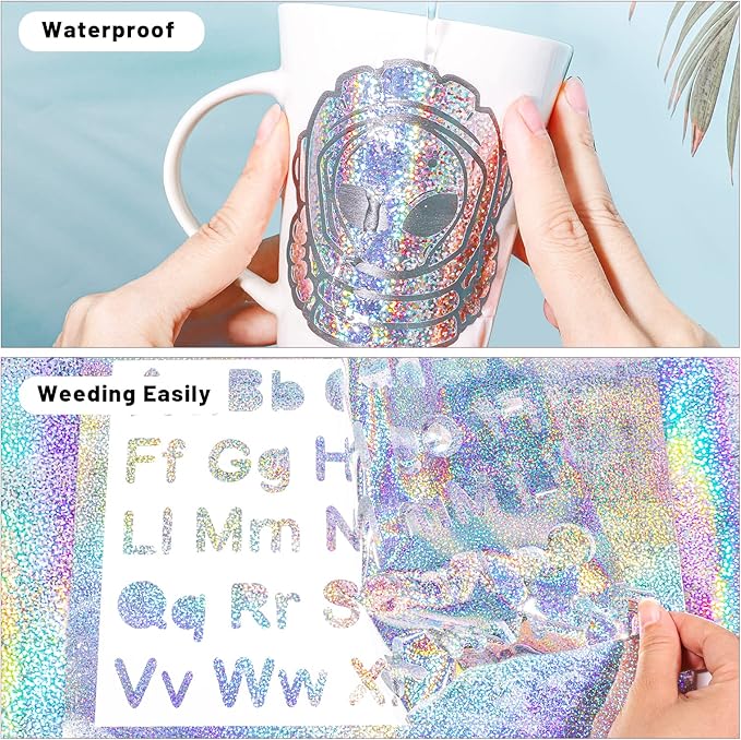 GIRAFVYINL Holographic Vinyl Silver Glitter Vinyl - 12” x 10FT Holographic Permanent Vinyl Glitter Adhesive Vinyl for Craft, Easy to Weed Vinyl Work with Vinyl Cutter