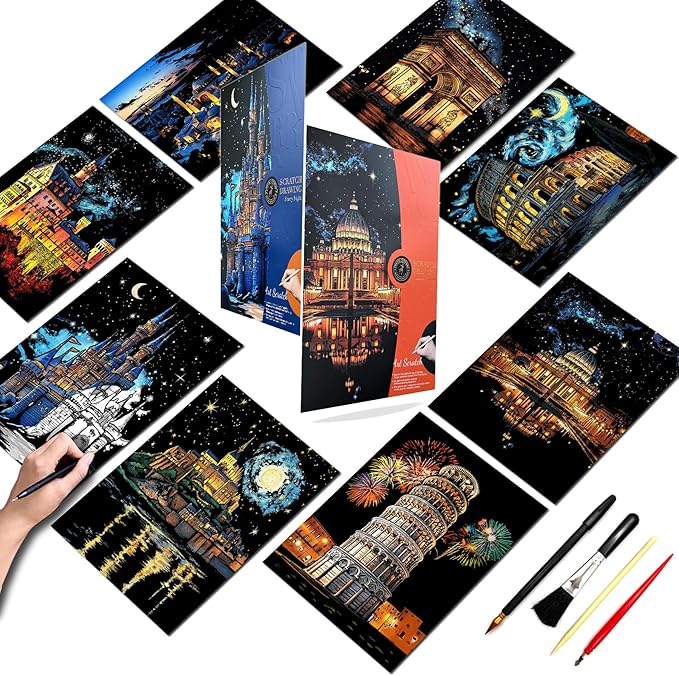 Scratch Art for Adults-Laser Scratch Painting Craft Kit (8 Sheets 16x11 in)|Foil Engraving Art Set|Stress Relief Gift for Travel Lovers,Craft Lovers|Creative Scratch Art Home Decor(Europe Series)