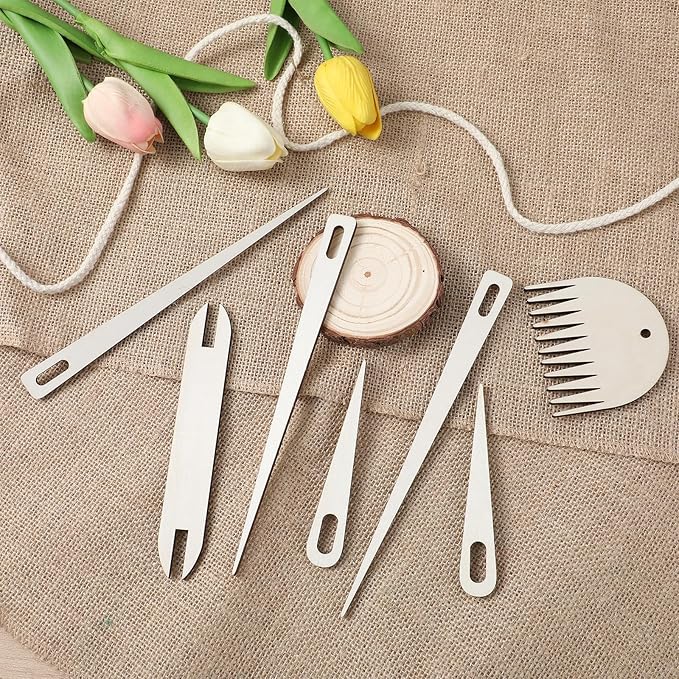 7 Pcs Wood Hand Loom Stick Set, Weaving Tools with 5 Wooden Weaving Crochet Needles, 1 Wooden Shuttle and Wood Weavings Comb for Knitted DIY Crafts Supplies