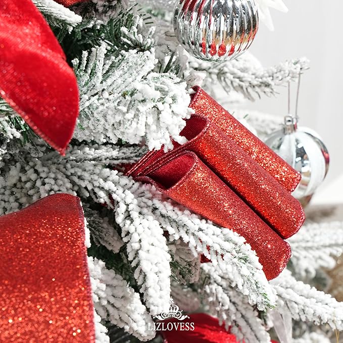 Red Velvet Wired Ribbon with Glitter Back 4 Inch Red Christmas Ribbon Wired Reversible Ribbon for Christmas Tree, Gift Wrapping, Mantel, Wreaths Supplies, Topper Bows (10 Yards)