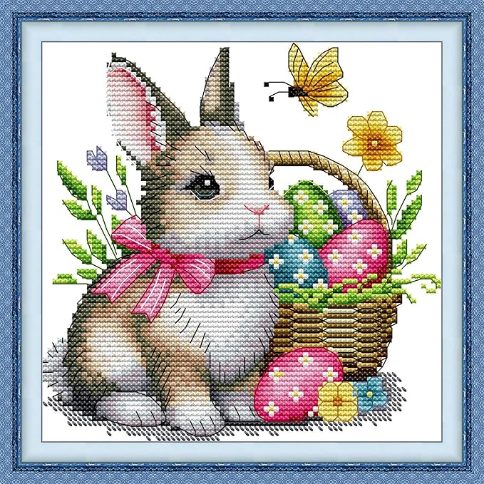 Threadhaven Counted Cross-Stitch Kit 14CT Aida Fabric with Threads, Needles & Guide | Animal Sewing Pattern Embroidery Kit for Adults | Premium DIY Craft Kit- Easter Egg Bunny 7.5''×7.5''