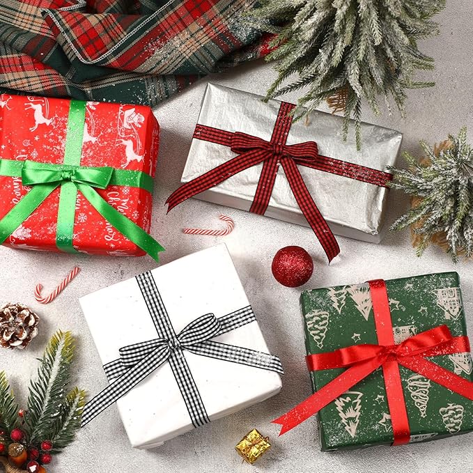 DECYOOL Christmas Ribbons, 4 Rolls 100 Yards Christmas Satin Ribbons 15mm Wide Holiday Craft Ribbons for Gift Wrapping and Xmas Decoration, Red & Green & Red Black Plaid & Black White Plaid