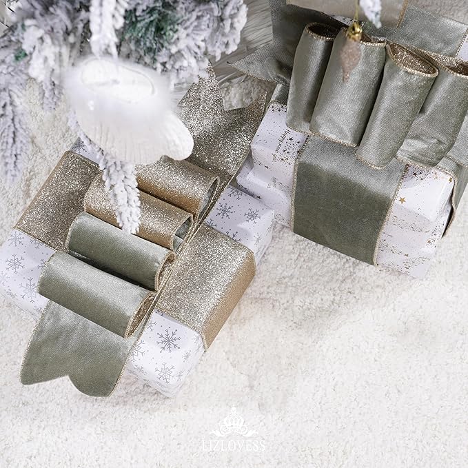 Sage Green Velvet Wired Ribbon with Glitter Back 4 Inch Green and Gold Christmas Ribbon Wired Ribbon for Christmas Tree, Gift Wrapping, Crafts, Wreaths Supplies, Topper Bows (10 Yards)