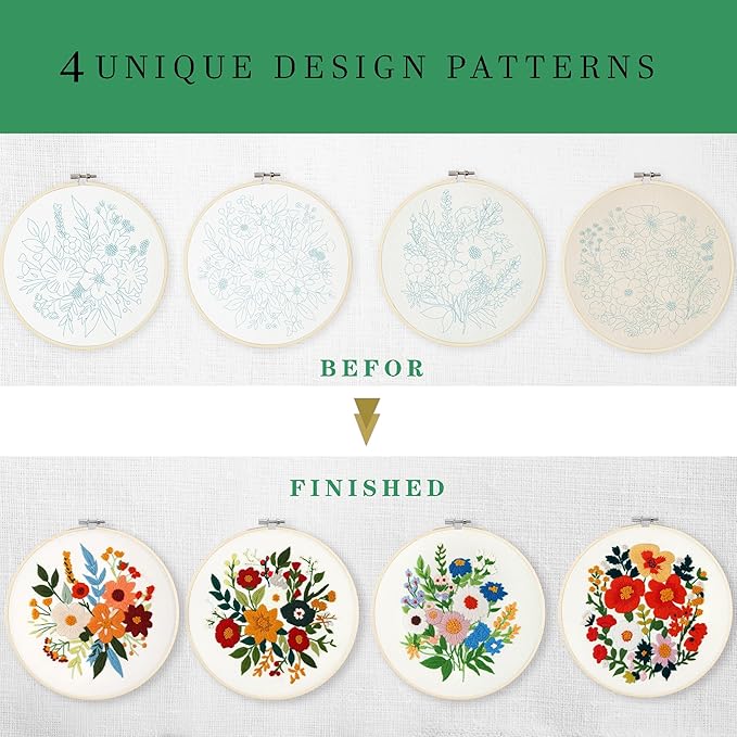SevFan 4 Sets Embroidery Kit for Beginners Adults,Needlepoint Kits for Adults with Easy Stamped Floral Pattern Fabric Hand Crafts,Bamboo Hoop,Needle,Cloth,Embroidery Kit for Decor Home Room(Flower-4)