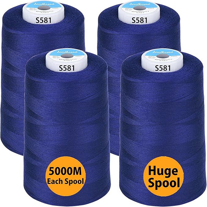 Simthread All Purpose Sewing Thread from 100% Spun Polyester for Serger, Overlock, Merrow, Quilting Sewing 4 Big Cones of 5000M (5500 Yards) Each - 40S/2 Midnight