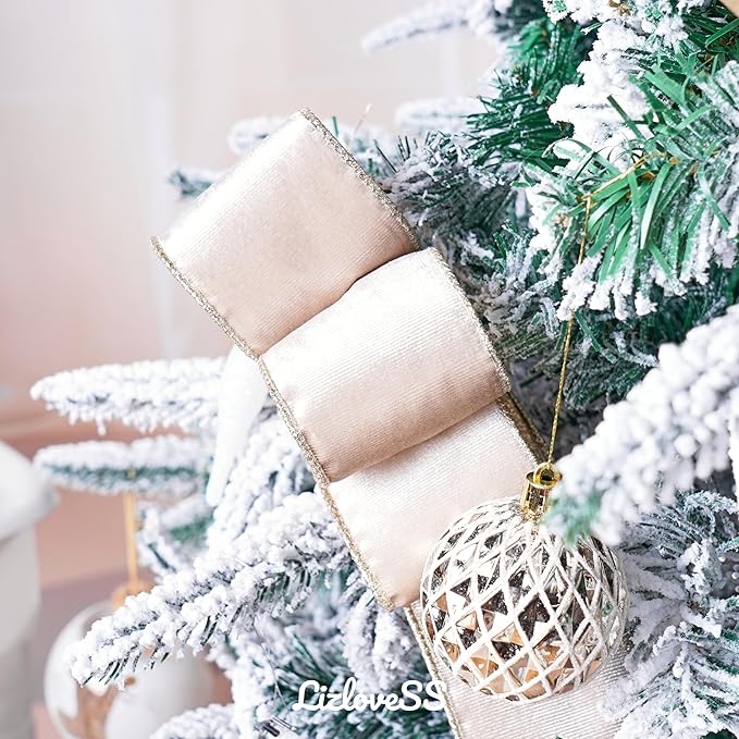 Champagne Velvet Wired Ribbon with Glitter Back 2.5 Inch Ivory and Gold Christmas Wired Ribbon for Christmas Tree Decorations, Gift Wrapping, Mantel, Wreaths Supplies, Topper Bows (10 Yards)