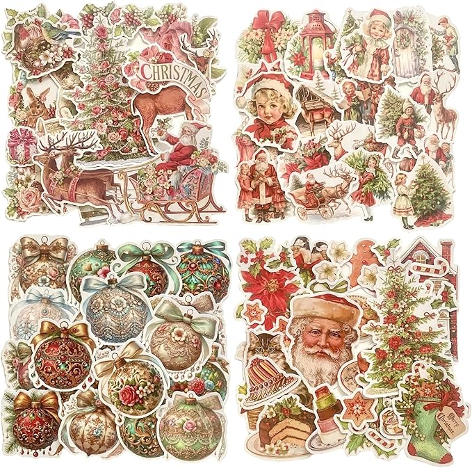 TIAMECH Merry Christmas Paper Stickers - 96 Pcs Santa Clause Elk Christmas Ball Design, Waterproof Sticker for Journaling & Scrapbooking, Junk Journal Supplies, Ephemera & DIY Crafts
