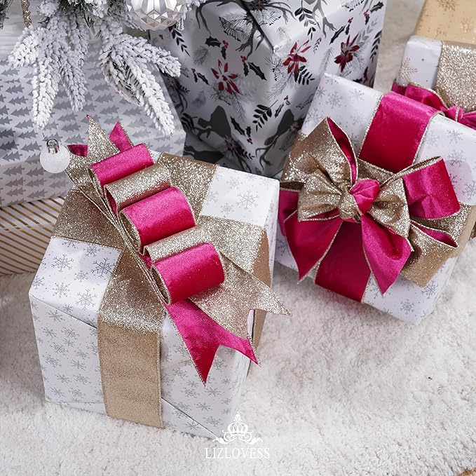 Hot Pink Velvet Wired Ribbon with Glitter Back 2.5 Inch Pink and Gold Christmas Ribbon Wired Fuschia Ribbon for Valentine's Day, Gift Wrapping, Wreaths Supplies (10 Yards)