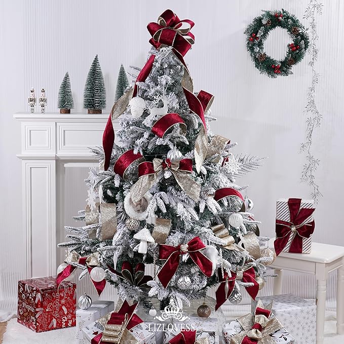 Burgundy Velvet Wired Ribbon with Glitter Back 2.5 Inch Burgundy and Gold Christmas Ribbon Wired Ribbon for Christmas Tree, Gift Wrapping, Mantel, Wreaths Supplies, Topper Bows (10 Yards)