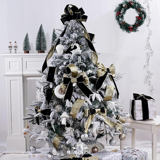 Black Velvet Wired Ribbon with Glitter Back 2.5 Inch Black and Gold Christmas Ribbon Wired Ribbon for Christmas Tree, Gift Wrapping, Mantel, Wreaths Supplies, Topper Bows (10 Yards)