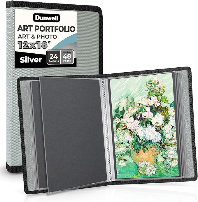 Dunwell 12x18 Art Portfolio Binder with Mounting Paper (Silver), Large Portfolio Folder for Artwork Storage, 24 Clear Sleeves Display 48 Pages, Acid-Free Poly 12 x 18 Presentation Book