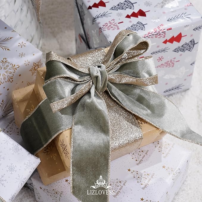 Sage Green Velvet Wired Ribbon with Glitter Back 2.5 Inch Green and Gold Christmas Ribbon Wired Ribbon for Christmas Tree, Gift Wrapping, Crafts, Wreaths Supplies, Topper Bows (10 Yards)