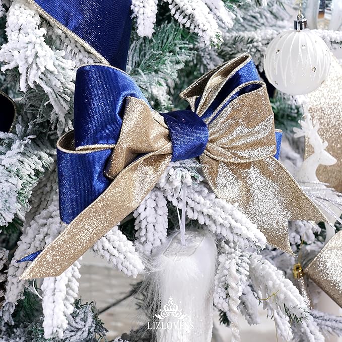 Blue Velvet Wired Ribbon with Glitter Back 2.5 Inch Navy Blue and Gold Christmas Ribbon Wired Ribbon for Christmas Tree, Gift Wrapping, Mantel, Wreaths Supplies, Topper Bows (10 Yards)