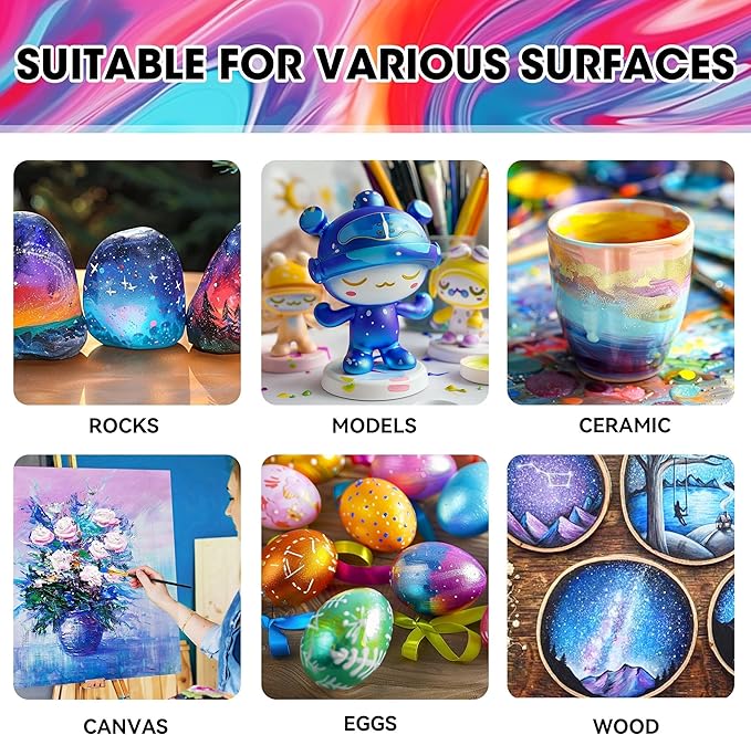 40 Pcs Iridescent Acrylic Paint Set with 12 Brushes, 2 Knives & Palette, 24 Colors (2oz/60ml) - for Adults, Kids, Artists & Beginners - Canvas Ceramic Rock Wood Egg Painting Kit