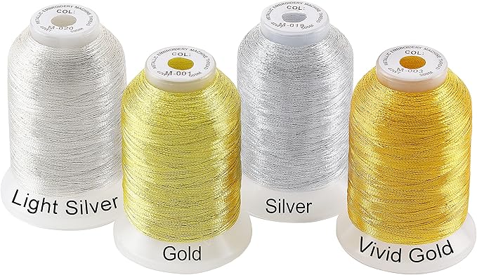 New brothread 4pcs (2 Gold+2 Silver Colors) Metallic Embroidery Machine Thread Kit 500M (550Y) Each Spool for Computerized Embroidery and Decorative Sewing