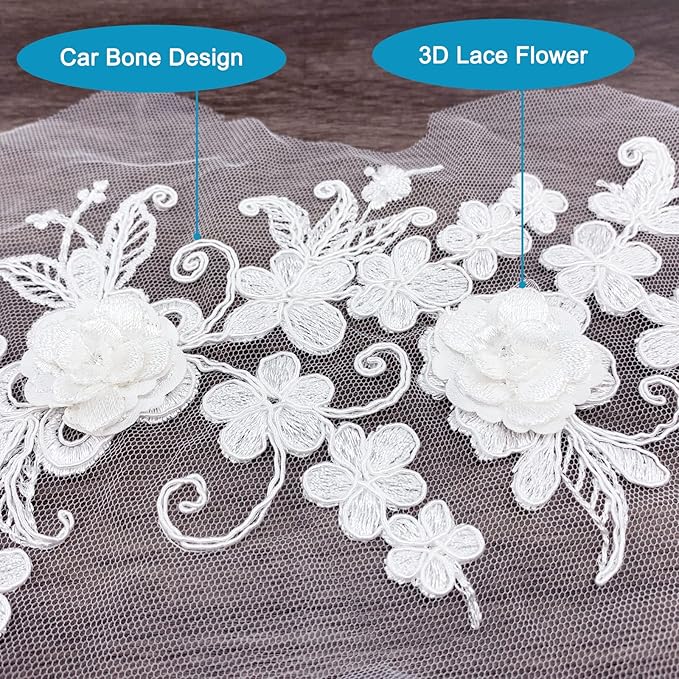 BETITETO 3D Flower Embroidered Lace Appliques Embellishments Floral Sew on Patches for Handmade Wedding Dress Decoration DIY Sewing Craft