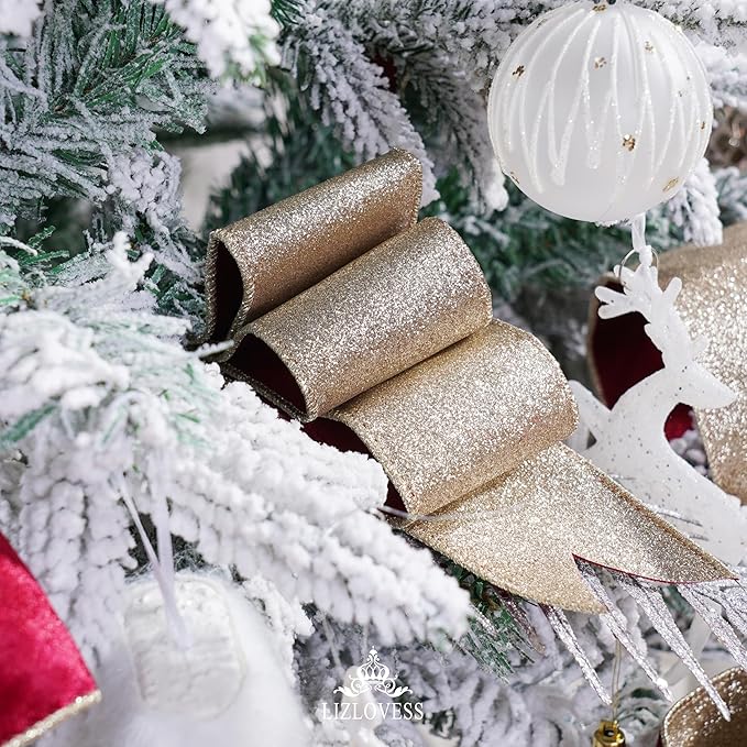 Burgundy Velvet Wired Ribbon with Glitter Back 2.5 Inch Burgundy and Gold Christmas Ribbon Wired Ribbon for Christmas Tree, Gift Wrapping, Mantel, Wreaths Supplies, Topper Bows (10 Yards)