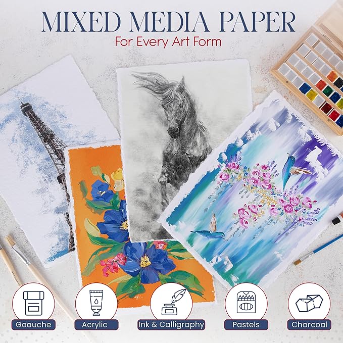 Wanderings Thick Handmade Watercolor Paper with Deckled Edge - 9x12-500GSM Premium White Cold-Pressed Textured Mixed Media Paper Made with Recycled Cotton - 15 Loose Leaf Sheets