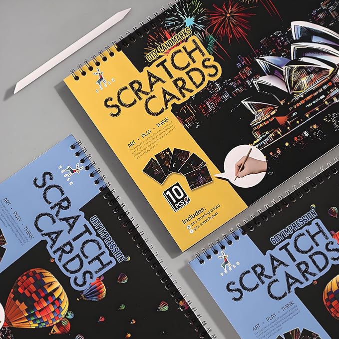 Scratch Art Book(A4-10Page) for Adults & Teens – ASMR Stress-Relieving Scratch Off Art | Paint by Scratch Kit Set | Travel Landmarks & Engraving Art | Creative Gift for Adults (Colorful City Series B)