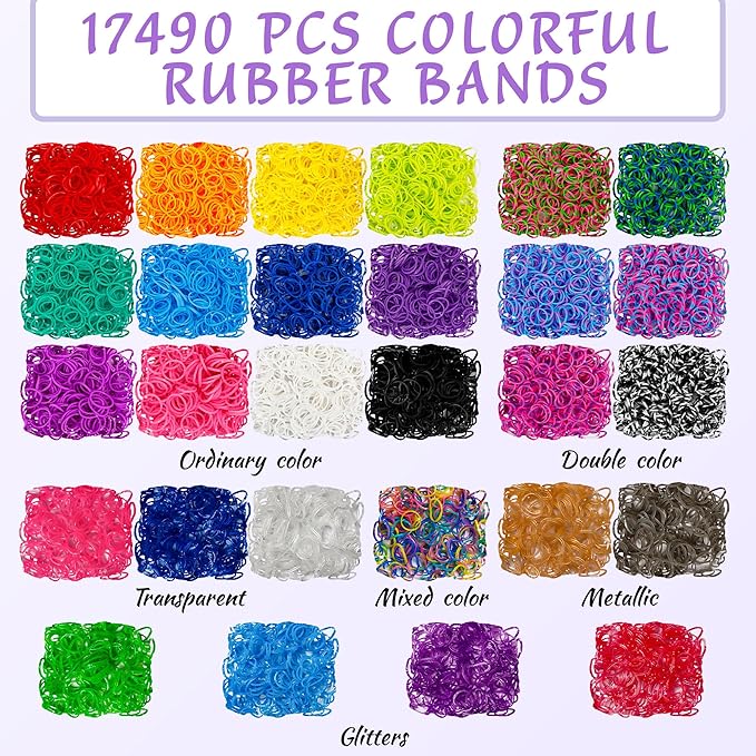 INSCRAFT 17490+ Rubber Loom Bands, 28 Colors Bracelet Making Refill Kit, with 3-Layer Container, 600 S-Clips, 352 Beads, 40 Cartoon Charms, Christmas Birthday Gift for Girls Boys Kids