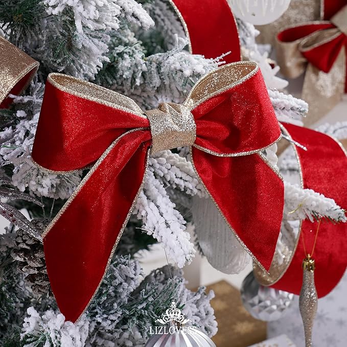 Red Velvet Wired Ribbon with Glitter Back 2.5 Inch Red and Gold Christmas Ribbon Wired Ribbon for Christmas Tree, Gift Wrapping, Mantel, Wreaths Supplies, Topper Bows (10 Yards)