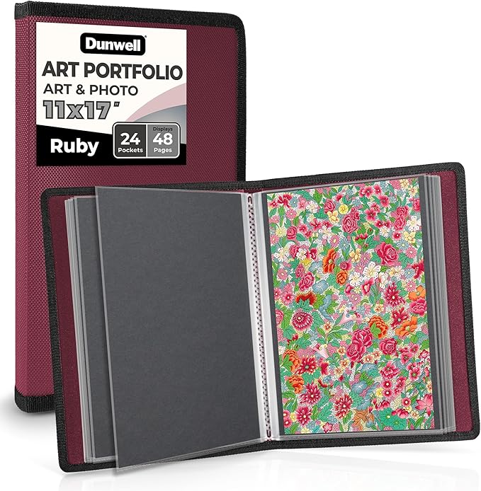 Dunwell 11x17 Art Portfolio Binder with Black Mounting Paper (Ruby), Large Portfolio Folder for Artwork Storage, 24 Clear Plastic Sleeves, Displays 48 Pages, Acid-Free Poly 11 x 17 Presentation Book