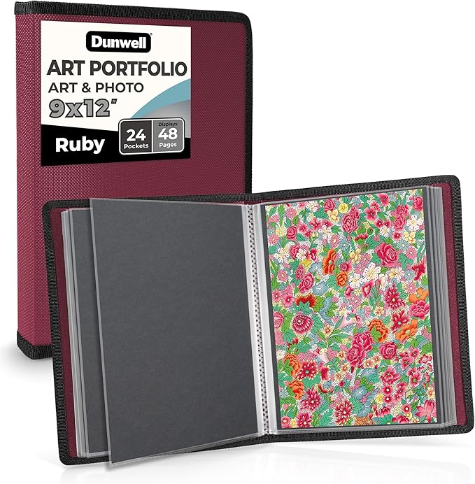 Dunwell Art Portfolio 9x12 Folder (Ruby), Black Mounting Paper, Portfolio Binder for Artwork, 9 x 12 Art Folder, 24 Pockets Display 48 Pages, Acid-Free Poly Presentation Book