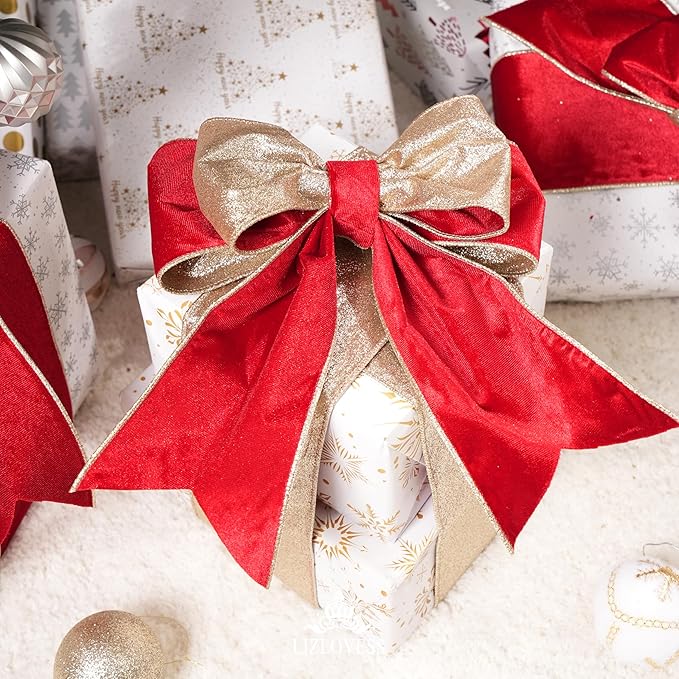 Red Velvet Wired Ribbon with Glitter Back 4 Inch Red and Gold Christmas Ribbon Wired Ribbon for Christmas Tree, Gift Wrapping, Mantel, Wreaths Supplies, Topper Bows (10 Yards)