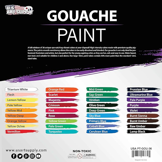 U.S. Art Supply Professional 36-Color Gouache Paint Set in Large 18ml Tubes & Color Mixing Wheel - Gouache Paint Tubes for Artists, Students, Beginners